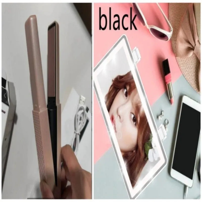 Pink and green mini cordless USB hair straightener with ceramic plates open on a white background.