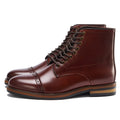 Brown mid-top Martin boots for men with leather upper, lace-up fastening, and rubber sole