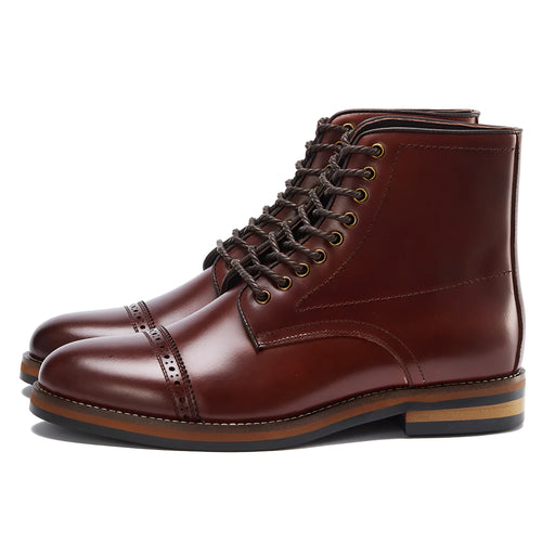 Brown mid-top Martin boots for men with leather upper, lace-up fastening, and rubber sole