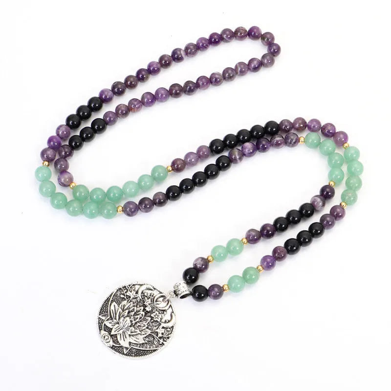 Yoga lotus pendant necklace with handmade stone beads and matching bracelet set