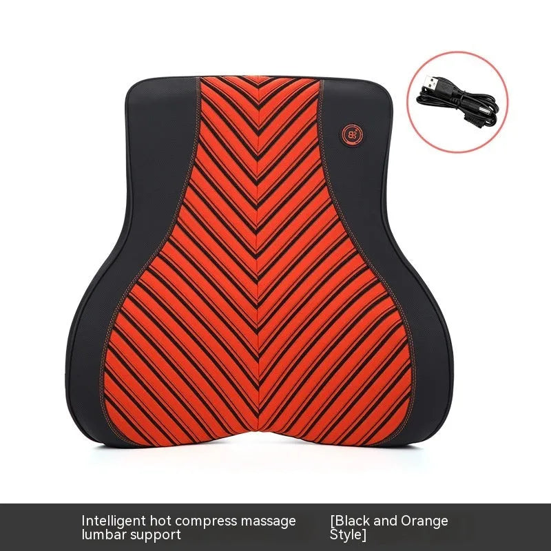 Black and orange electric heating massage car headrest and lumbar support cushion on a car seat.