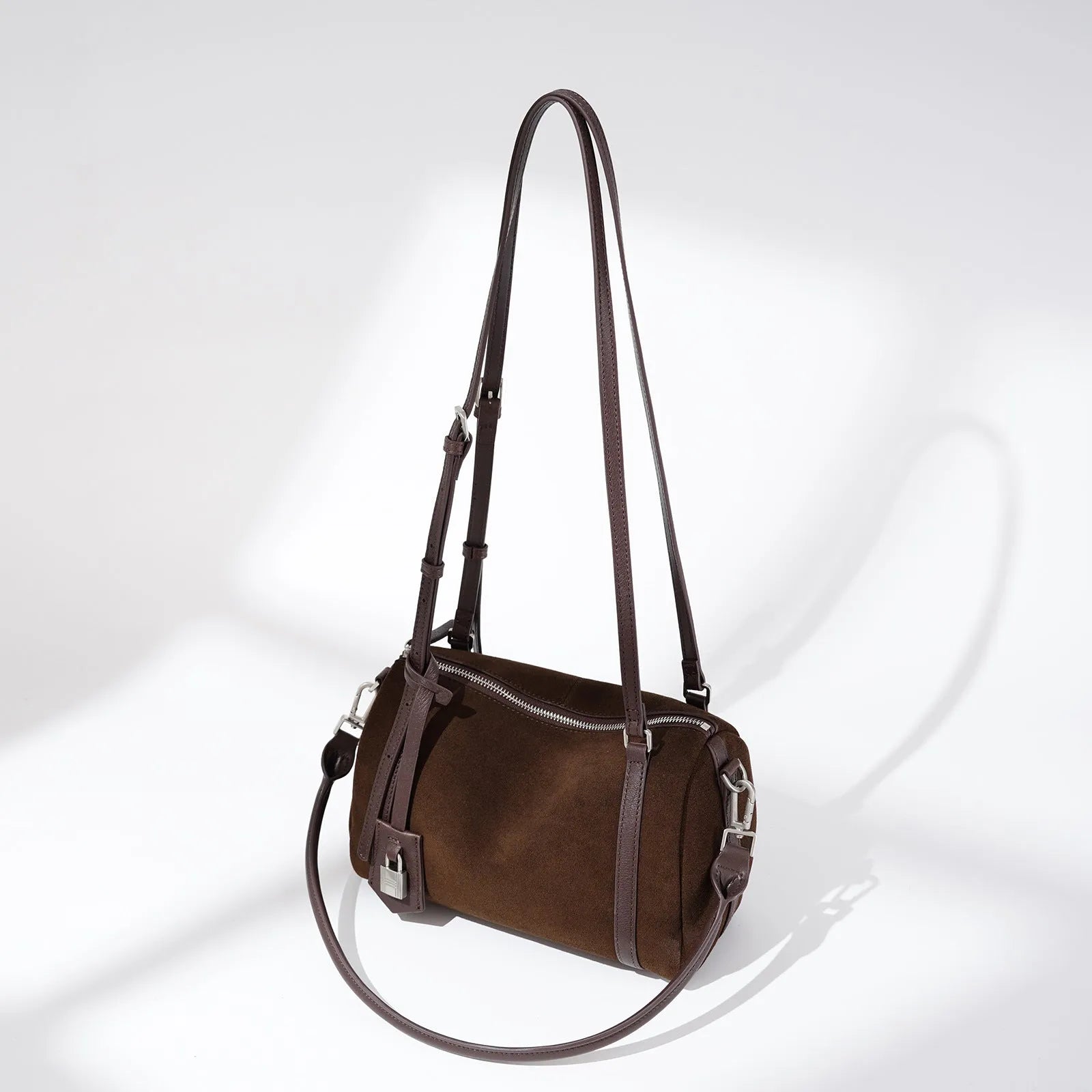 Retro first layer cowhide leather crossbody bag with double shoulder straps in apricot colour