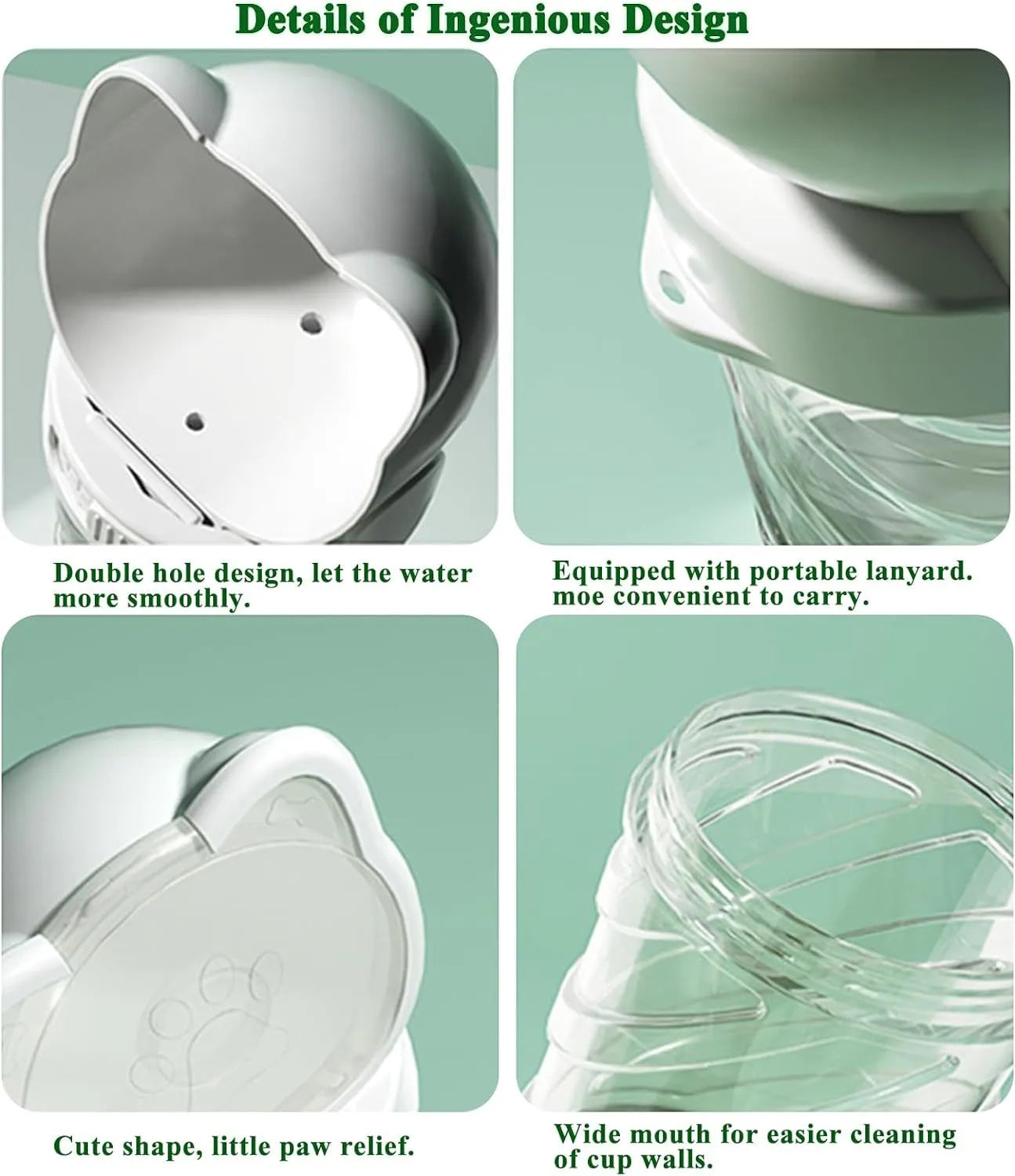 Green 3-in-1 pet water bottle with food container and waste bag dispenser, showing carrying strap.