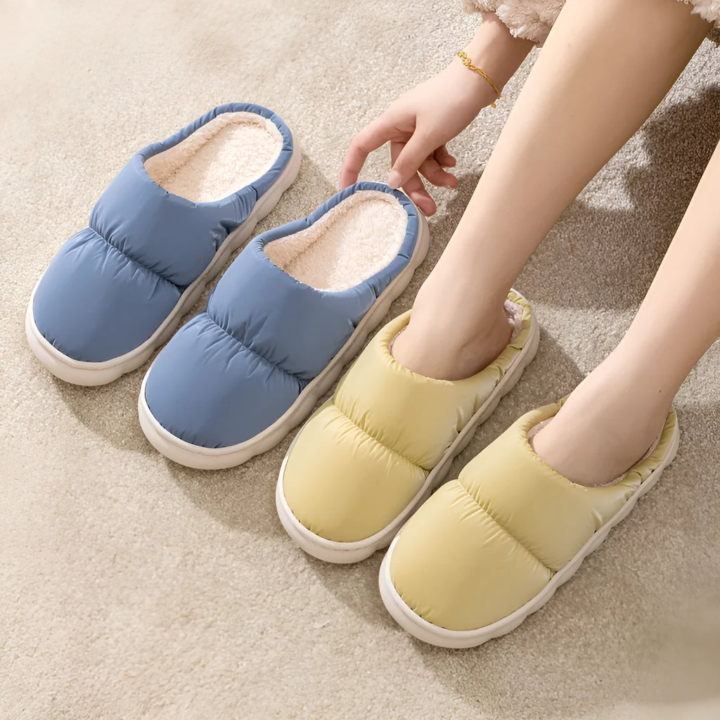 Winter indoor slippers with artificial leather upper, rubber anti-slip sole, and plush lining