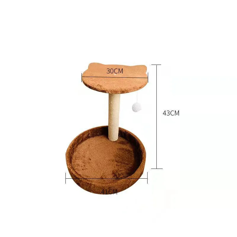 Wooden cat climbing frame with suede covered platforms in beige colour with large tray