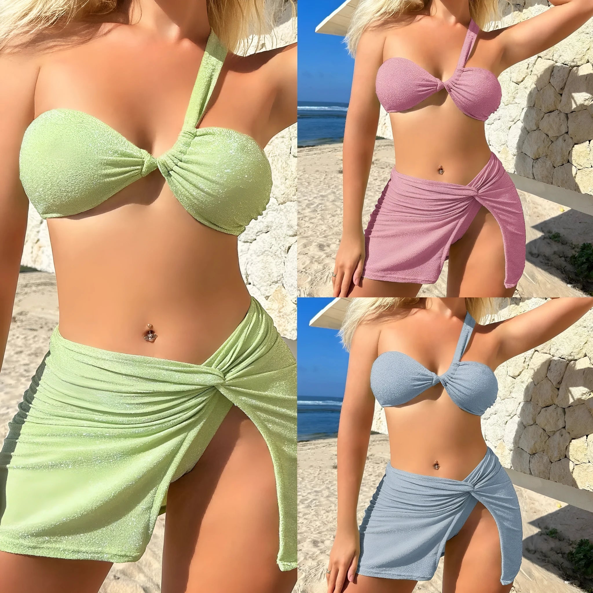 Women's one-shoulder tube top three-piece swimsuit set in light green, sky blue, or pink glossy polyester