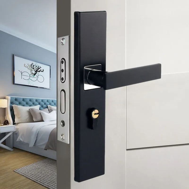 Aluminium alloy indoor split magnetic door lock handle for timber doors in black finish.
