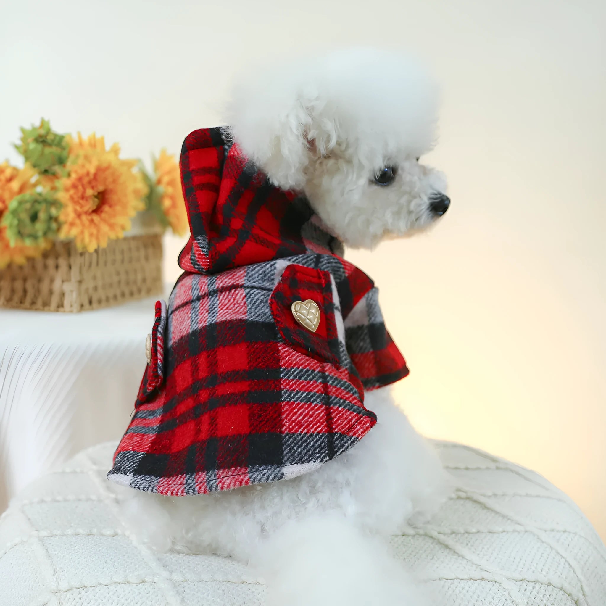 Red plaid polyester pet trench coat for dogs or cats with five size options from XS to XL