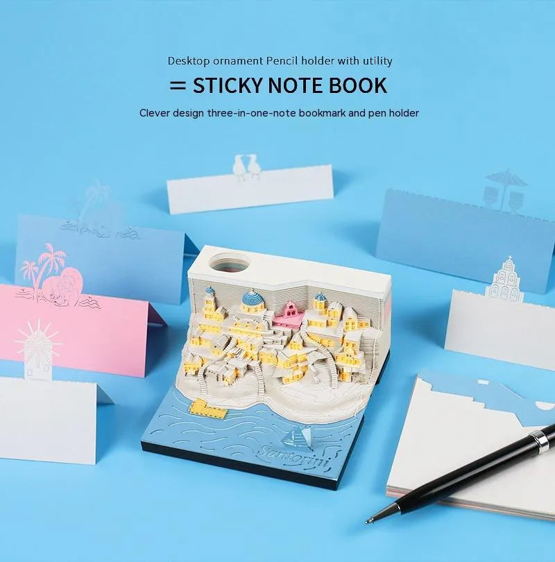 Santorini beach scene 3D paper carving notepad showing architectural model details