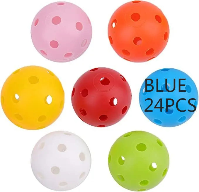 24 multi-colour 42mm golf practice balls in red, orange, blue, green, white, yellow stored in mesh net bag