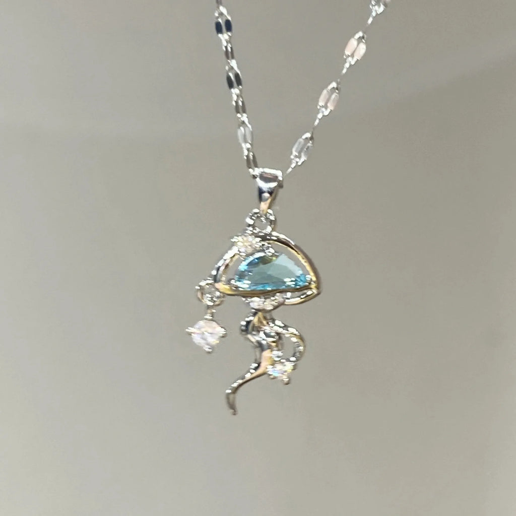 S925 sterling silver blue jellyfish necklace with adjustable length and white gold colour finish