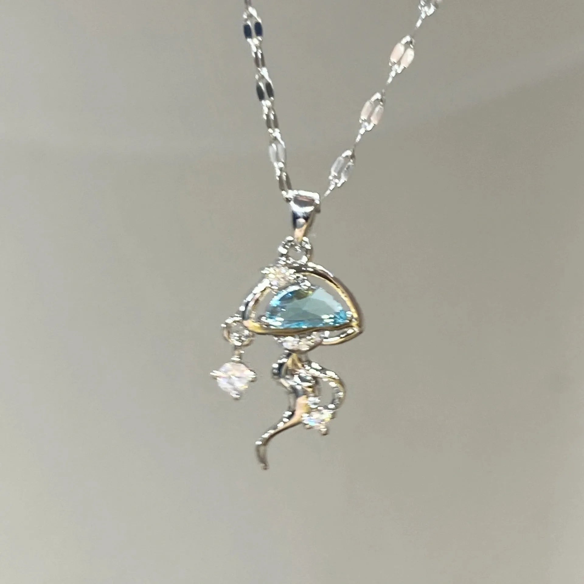 S925 sterling silver blue jellyfish necklace with adjustable length and white gold colour finish
