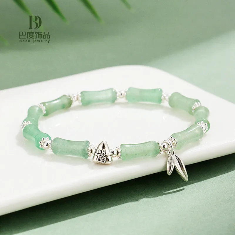 Green aventurine bamboo pattern bracelet with electroplated components and adjustable closure