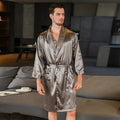 Men's rayon summer bathrobe in black with yellow collar, polyester fibre blend, available in sizes S to XXL