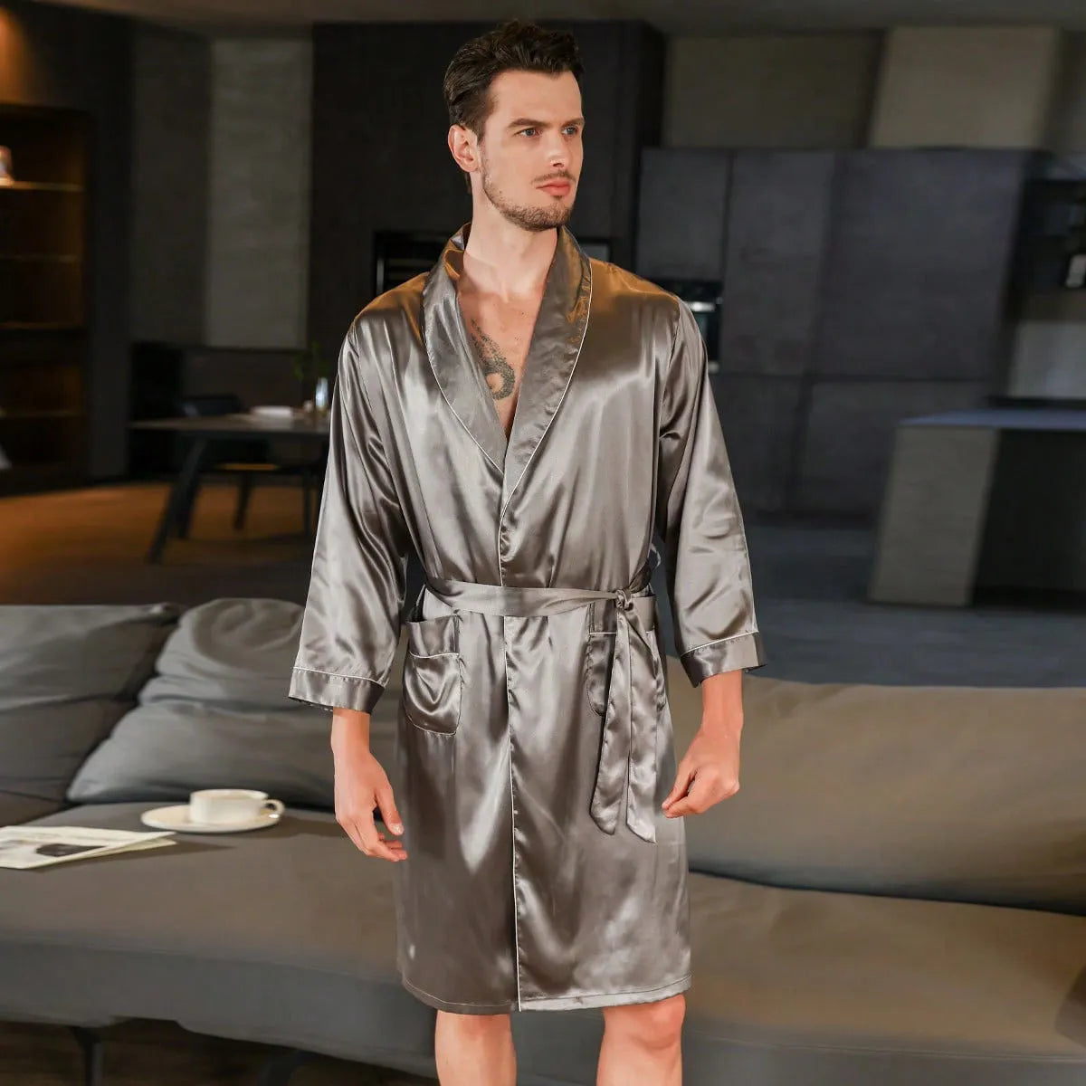 Men's rayon summer bathrobe in black with yellow collar, polyester fibre blend, available in sizes S to XXL