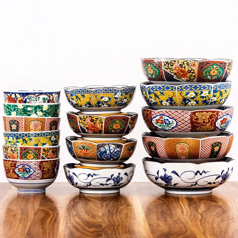 Retro Japanese style 4-inch porcelain bowl with dyed peony pattern and underglaze finish in gold colour