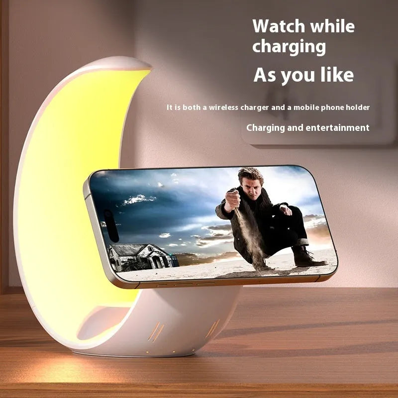 Four-in-one wireless magnetic charger desk lamp in white with phone, headphones and watch charging zones