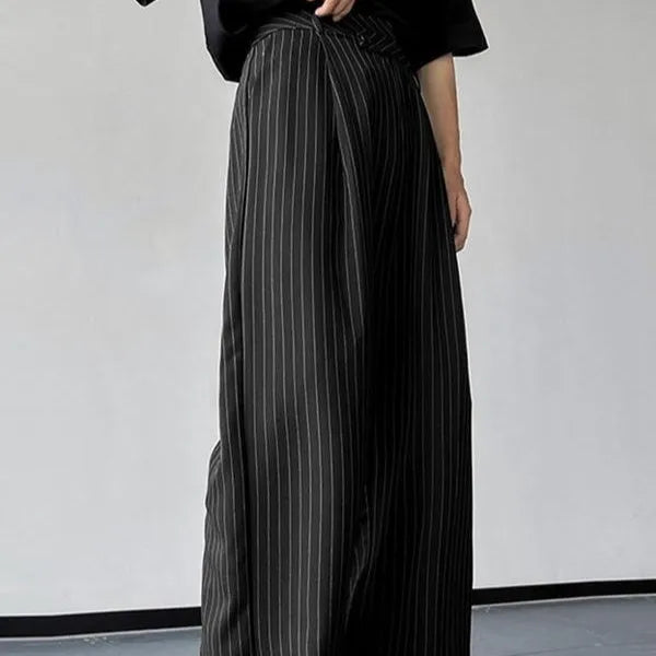 Black men's casual trousers with vertical stripes and front pleats made from rabbit hair and bamboo fibre.