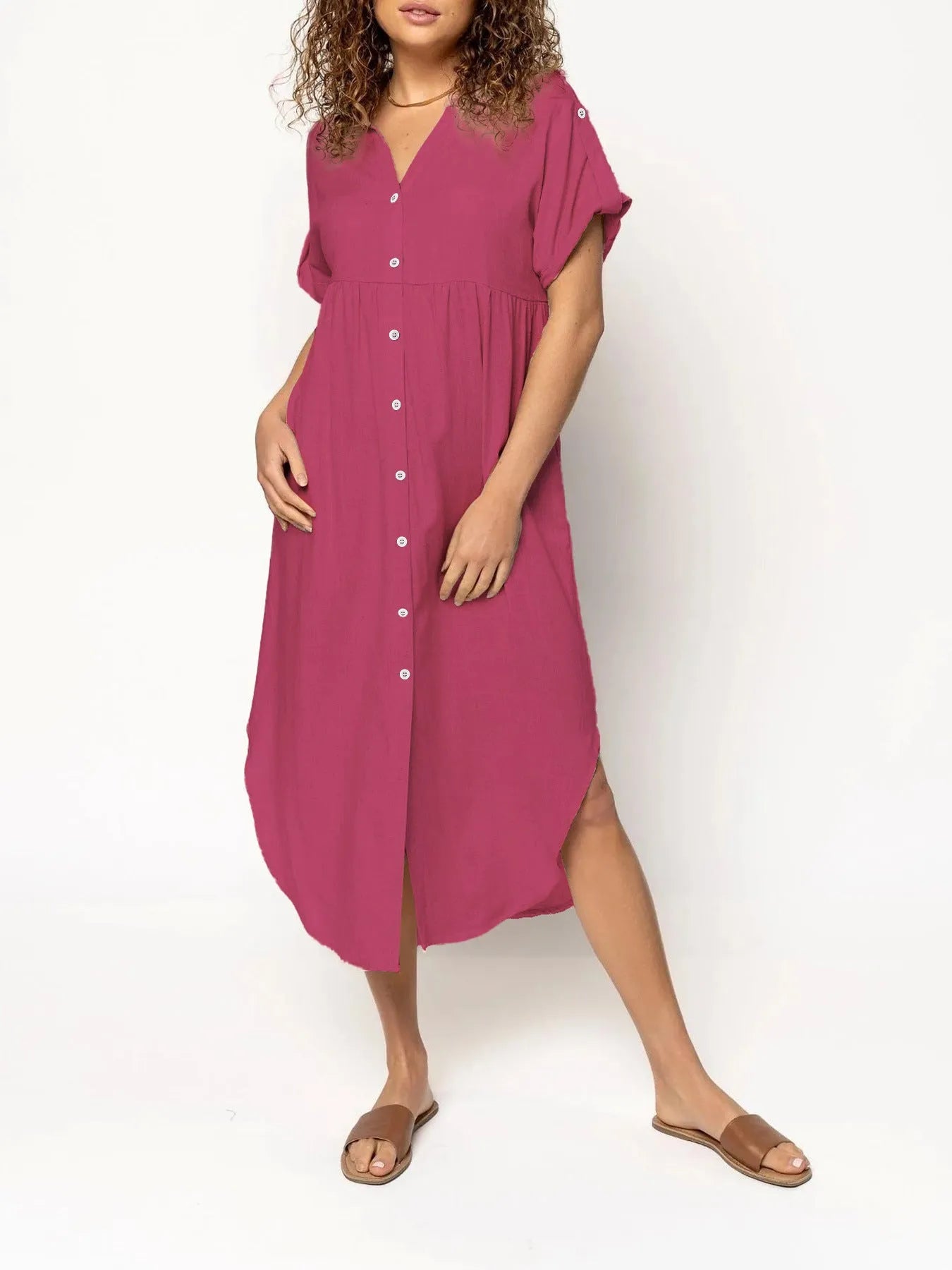 Mid-length casual dress with button front in solid colour, Japanese Korean style with regular sleeves
