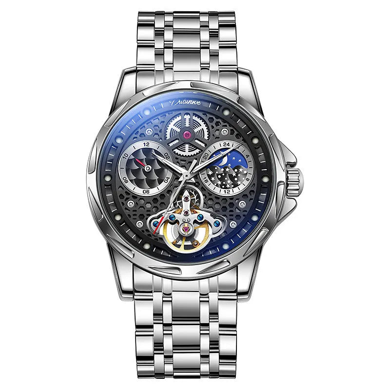 Men's automatic waterproof watch with luminous hands on a black dial with steel bracelet.