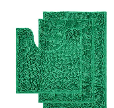 Chenille long hair three-piece bathroom mat set showing square, rectangular, and U-shaped pieces in a modern colour.
