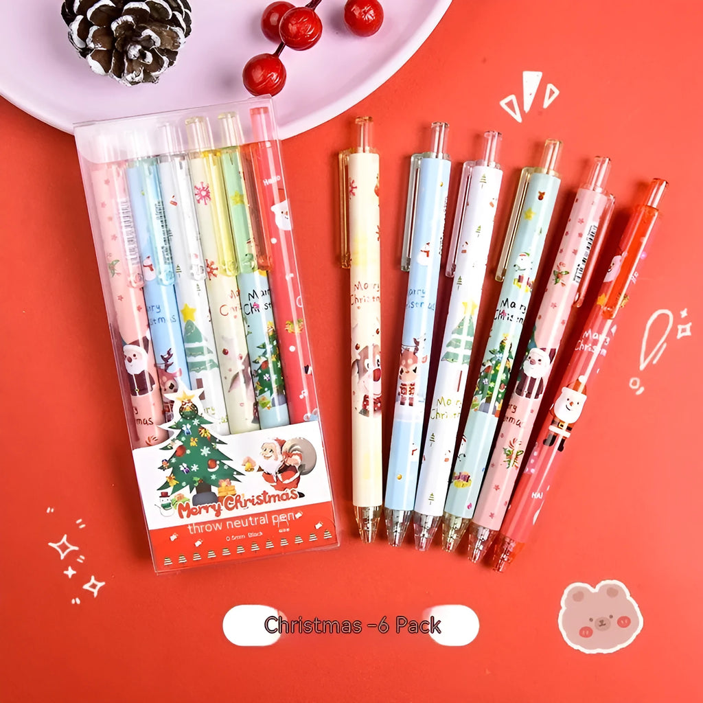 Christmas cartoon-themed plastic signature pen set with six black ink cartridge refills