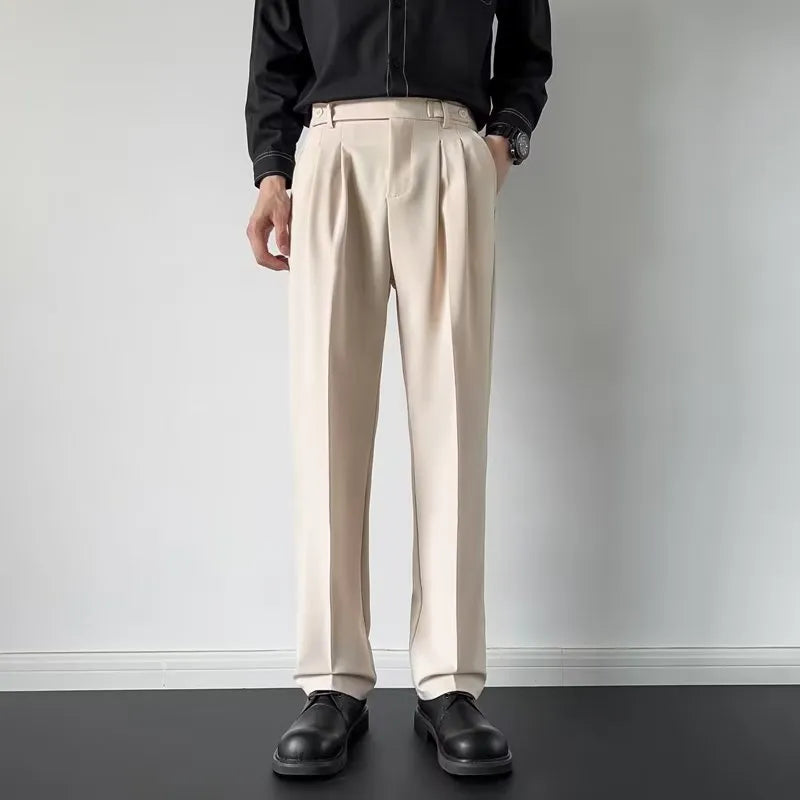 Men's straight cut loose fitting suit trousers in black and apricot colours