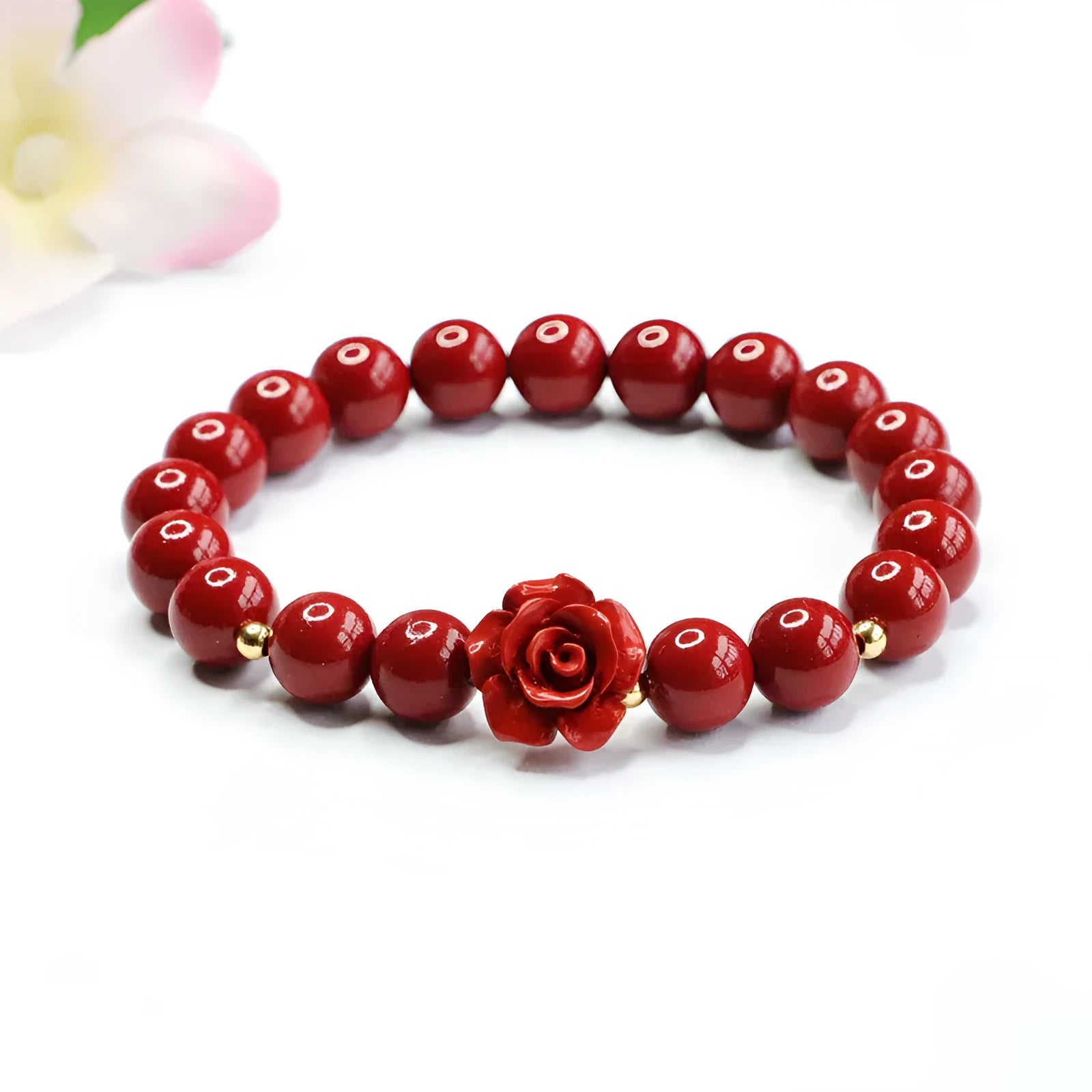 Natural cinnabar bracelet with purple gold sandstone rose pendant, 8mm bead size