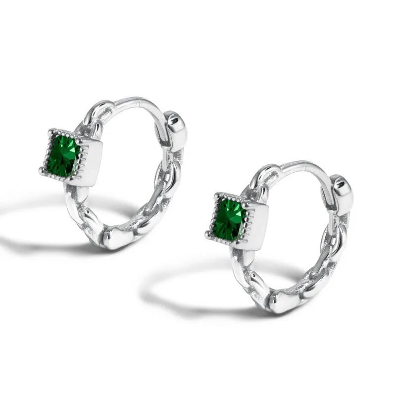 Casual square zircon geometric minimalist earrings in 925 silver with green electroplated accent