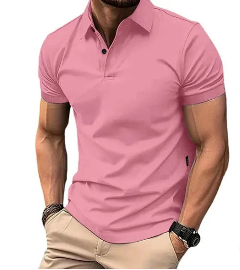 Man wearing a slim-fit solid colour short sleeve button-up casual shirt in a cotton blend fabric.