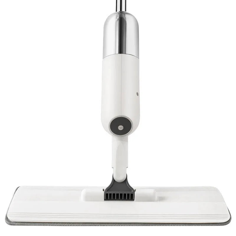 Flat squeeze mop with blue bucket and grey microfiber pad, rotating to show 360-degree head movement.
