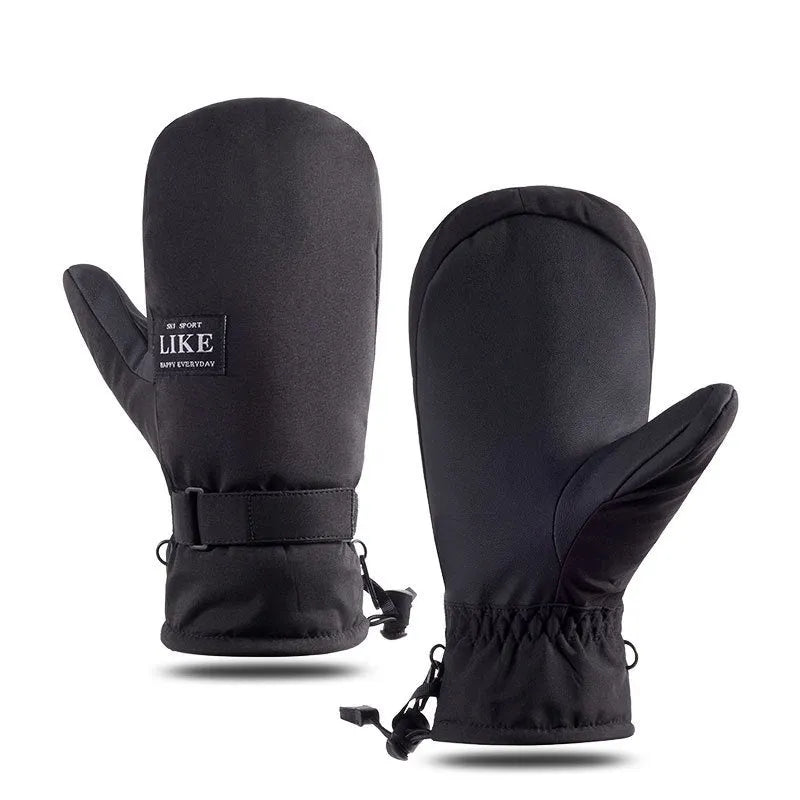 Black windproof cycling gloves with touch screen fingertips on a bicycle handlebar.