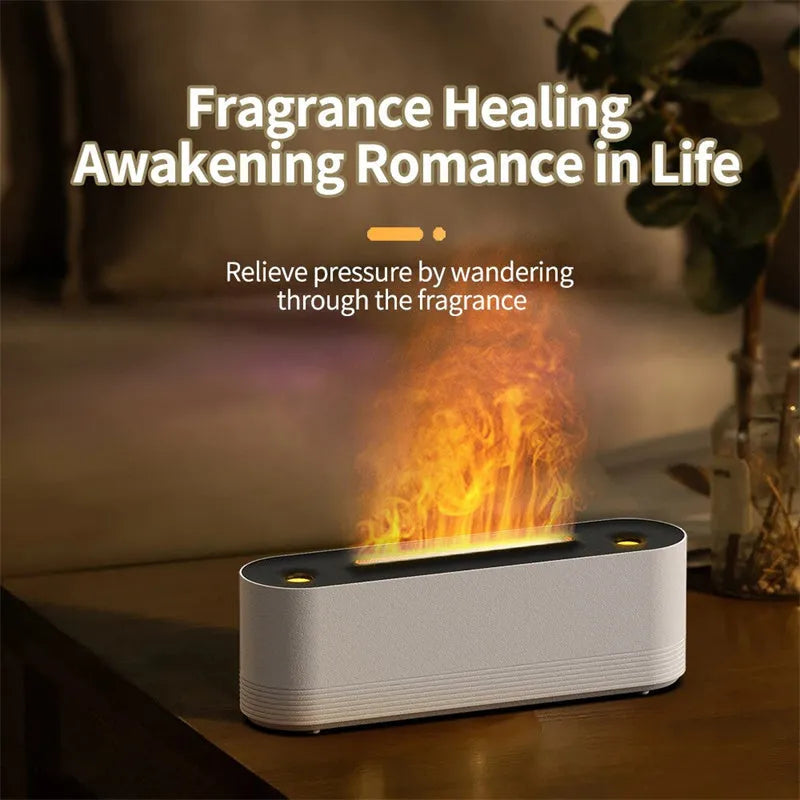 Black Flame Air ultrasonic humidifier with LED lights creating mist and flame effects on wooden surface