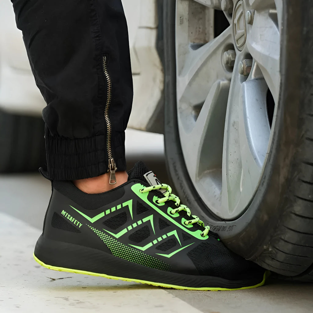 Black ultra-light labour protection shoes with steel toe caps and lace-up front closure
