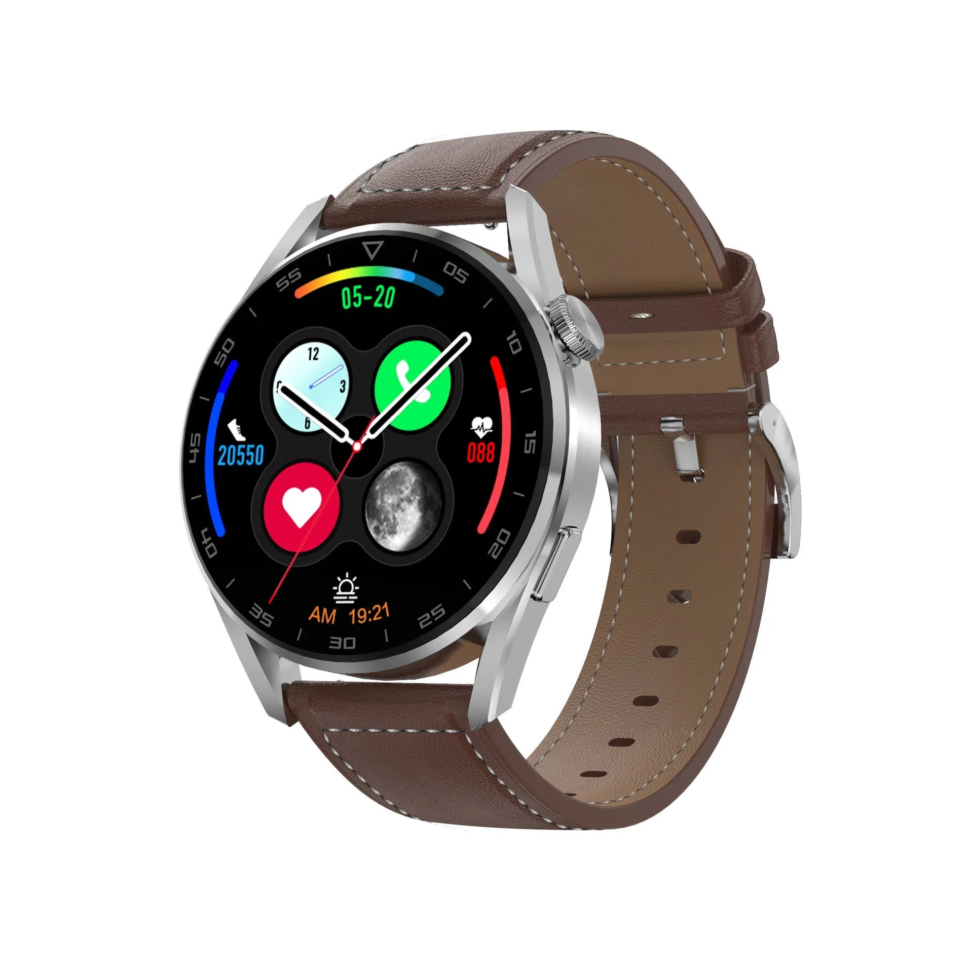 Smart watch with metal wristband showing Bluetooth call function and scan code support on 1.3-inch IPS display