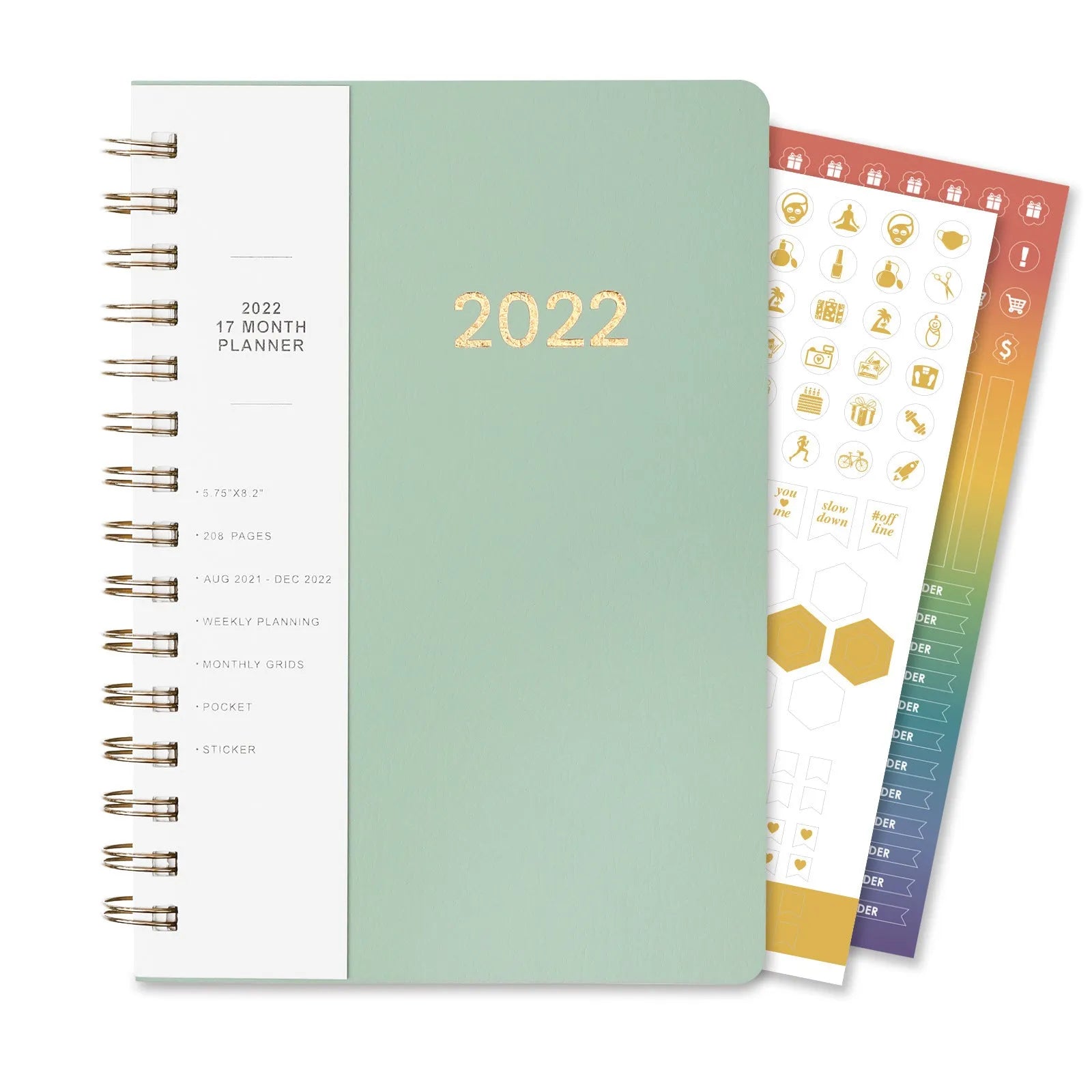 Blue 17-month 2022-2023 student planner with coil binding, month grid, and pockets.