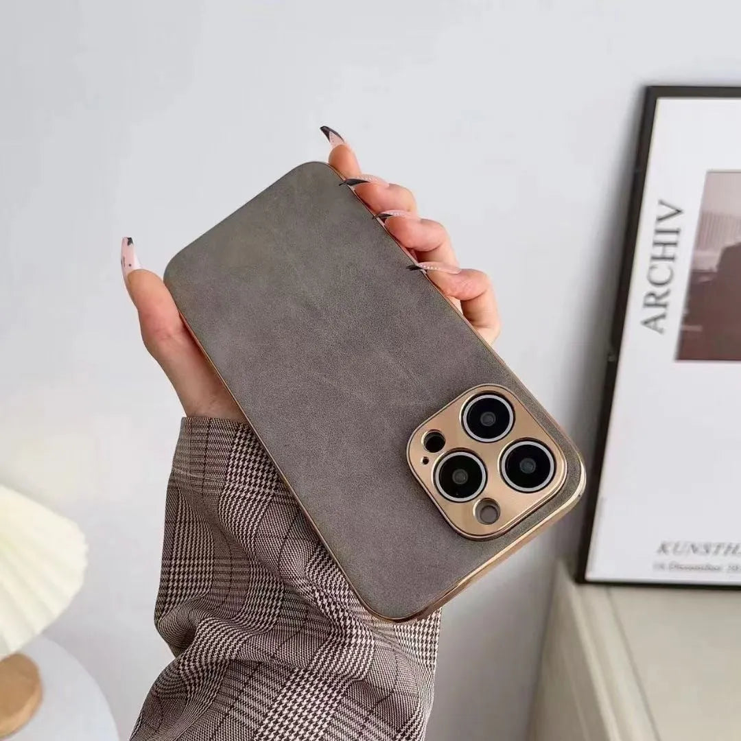 Leather texture TPU phone case for iPhone models in black, blue, grey, and grey-green colours.