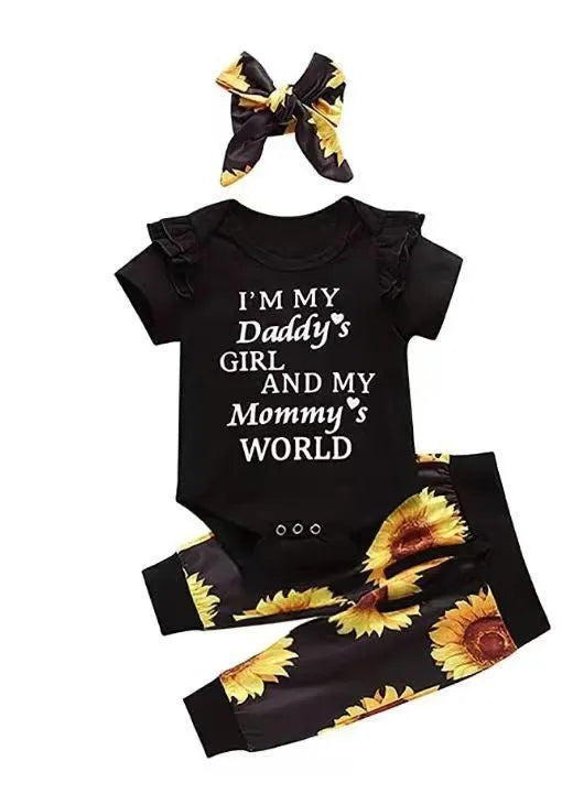 Baby cotton letter print jumpsuit set with headband, pullover top and pants, black ten D or M, 70-100cm height