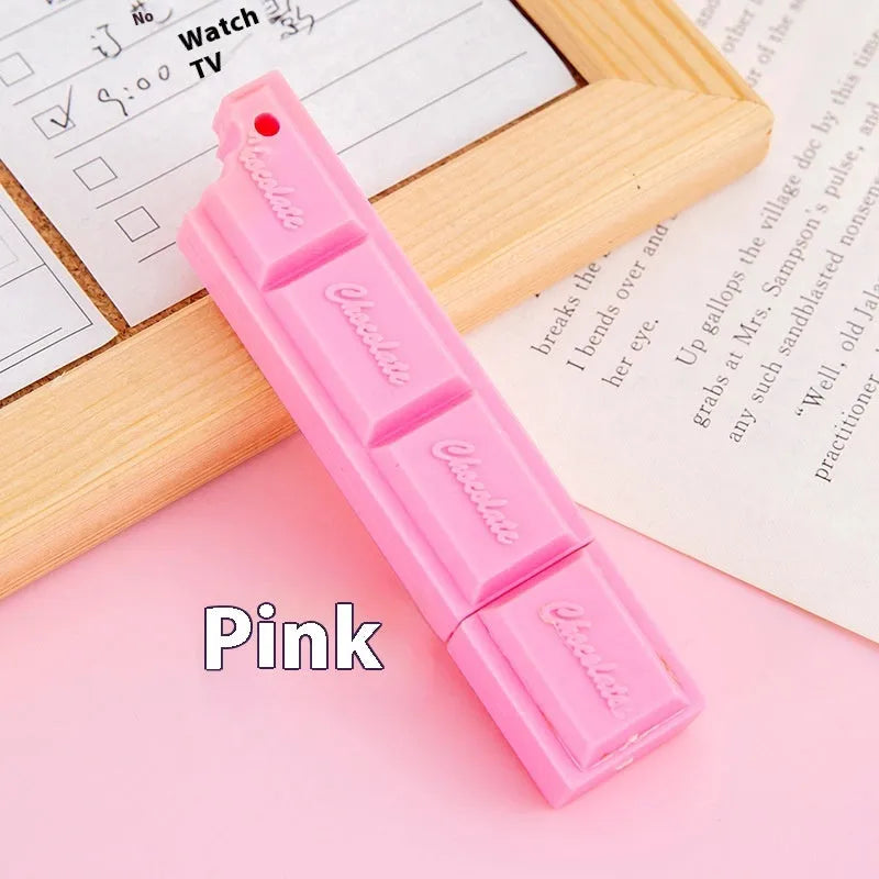 Chocolate bar themed novelty ballpoint pen with 0.5mm tip, shown in pink, beige, and brown refill colour options.