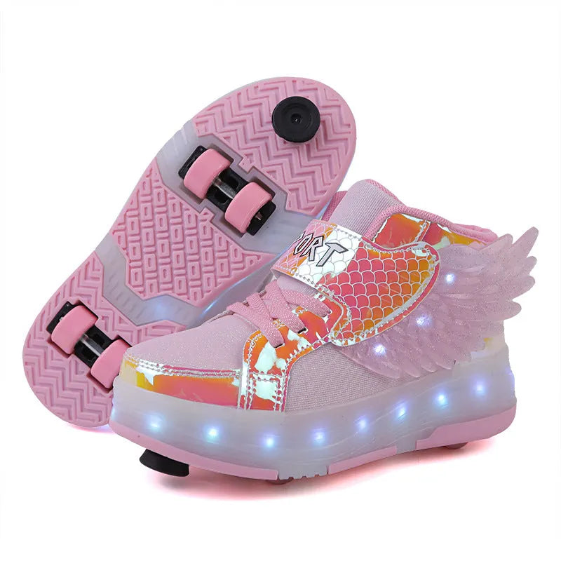 Children's double-wheel LED luminous rollerskate in black with glowing wheels, side view.
