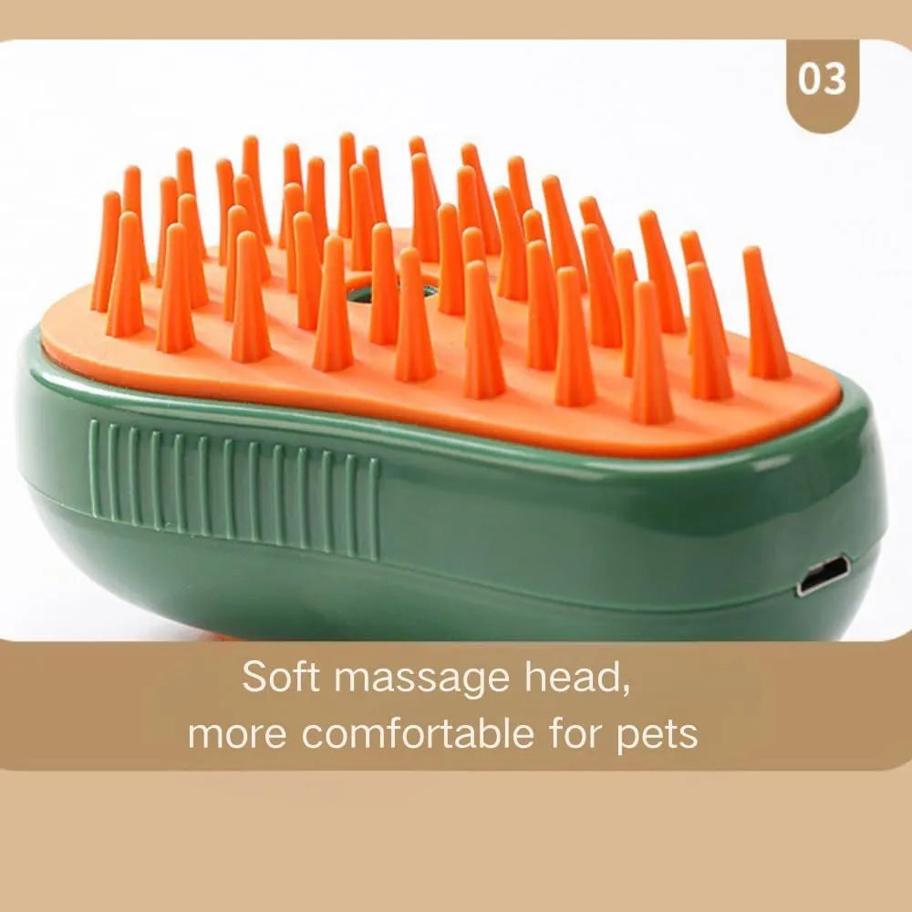 Green and white 3 in 1 cat steam brush with silicone bristles and water spray function for grooming pets.