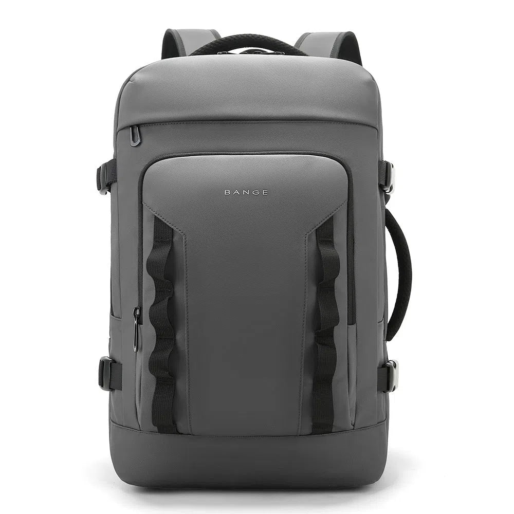 Men's expandable backpack Oxford cloth 20-35L black solid colour curved shoulder straps stitching details