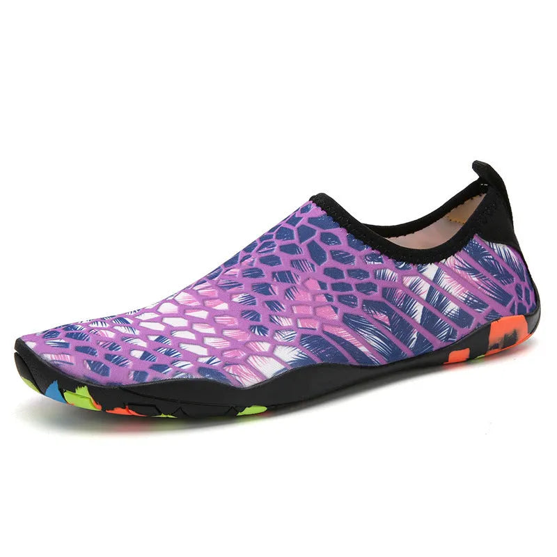 Blue elastic water wading shoes with EVA sole for beach and swimming.