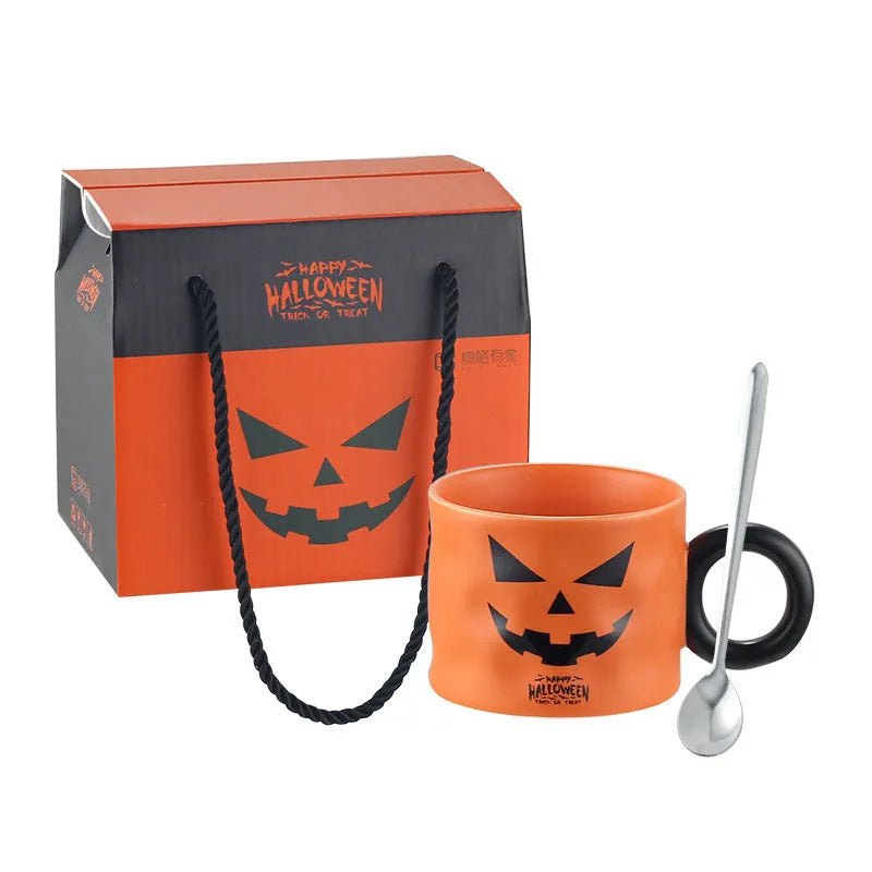 Halloween pumpkin ceramic mug with handle, spoon, and gift box in orange or white