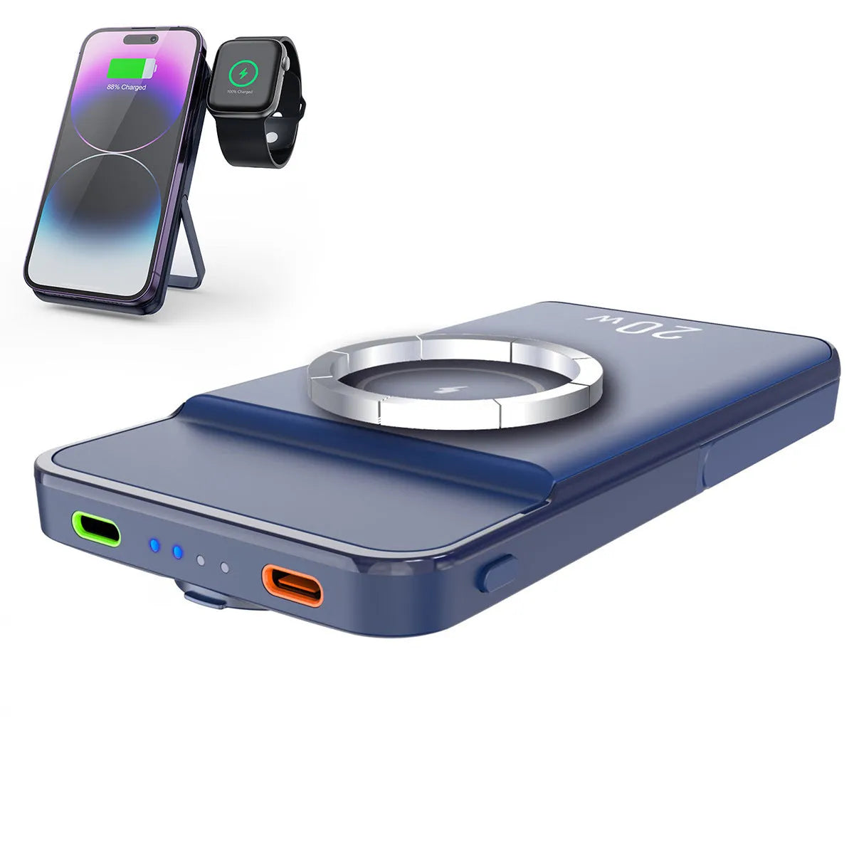 Black magnetic wireless power bank with three-in-one bracket showing 10000mAh capacity label