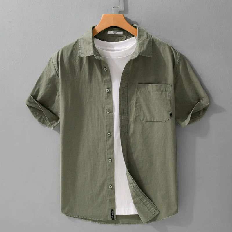 Men's loose-fit pure cotton short sleeve shirt in light blue, showing casual cardigan style.