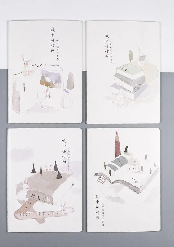 Softcover thread-bound notebook open on a table, showing flat-lay binding and lined paper.