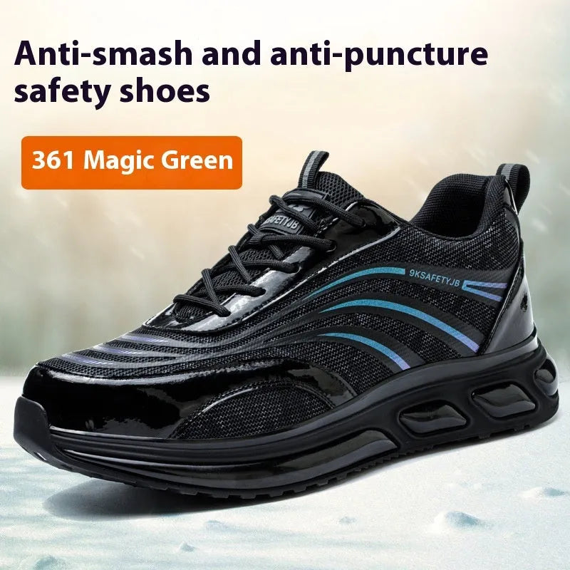 Orange leather labour protection safety shoes with a rubber sole on a work site background