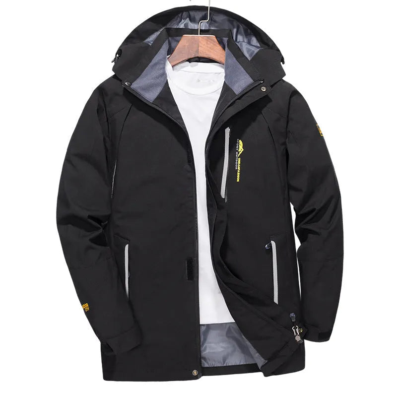 Men's windproof waterproof outdoor windbreaker thin jacket in solid colour, polyester fibre, front view