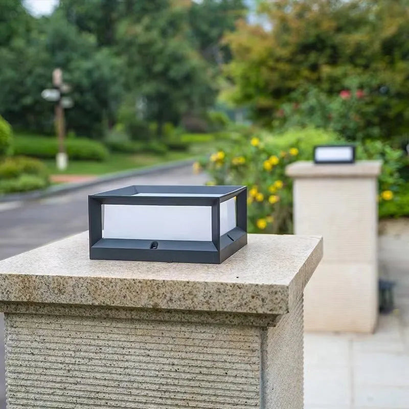 LED outdoor solar column light with aluminium housing on a brick gate pillar, IP54 waterproof for garden wall